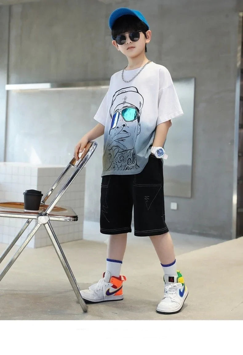 Summer Casual Boys 3D Graffiti Gradient Color T-Shirt Tops+Jean Shorts School Kid Tracksuit Child 2PCS Outfit Workout Set 5-16Yr