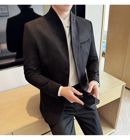High Quality Cowhide Suede Suit Coats Men Fashion Slim Fit Stand Up Collar Business Casual Jacket Formal Groom Social Tuxedos