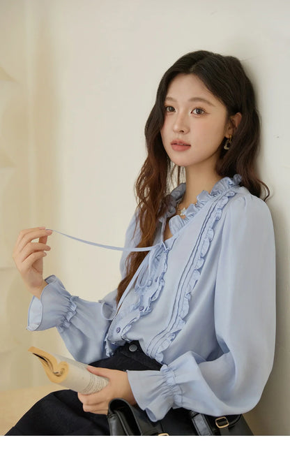 100% Lyocell Women's Blue Shirt 2025 Autumn French Ruffles Long Sleeves Ties Blouse Office Lady Elegant Top MXE45X2484