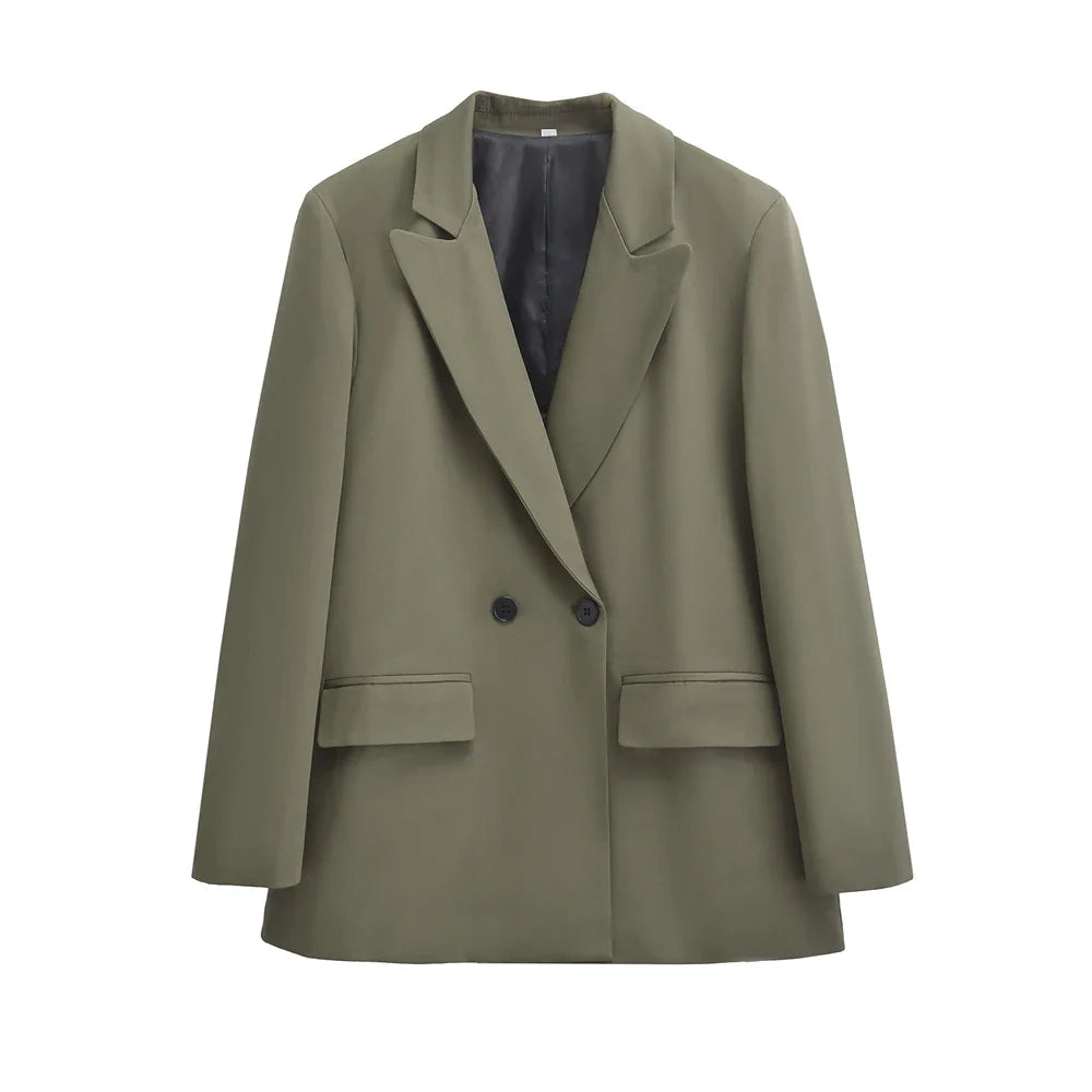 Women's Double Breasted Office Wear Blazer Coat, Long Sleeve, Flap Pockets, Female Outerwear, Chic Tops, Fashion