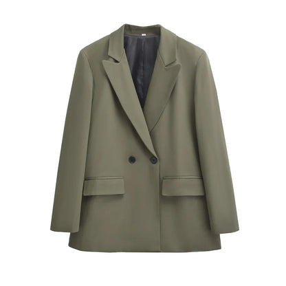 Women's Double Breasted Office Wear Blazer Coat, Long Sleeve, Flap Pockets, Female Outerwear, Chic Tops, Fashion