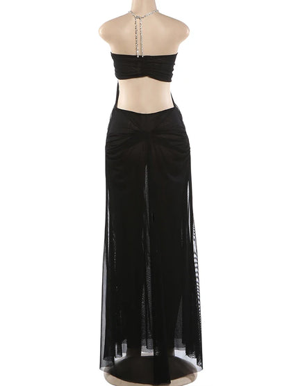 Prom Party Gown Dress Woman Sexy See Through Luxury Chain Halter Low-Neck Backless Sleeveless Midnight Elegant Vestidos