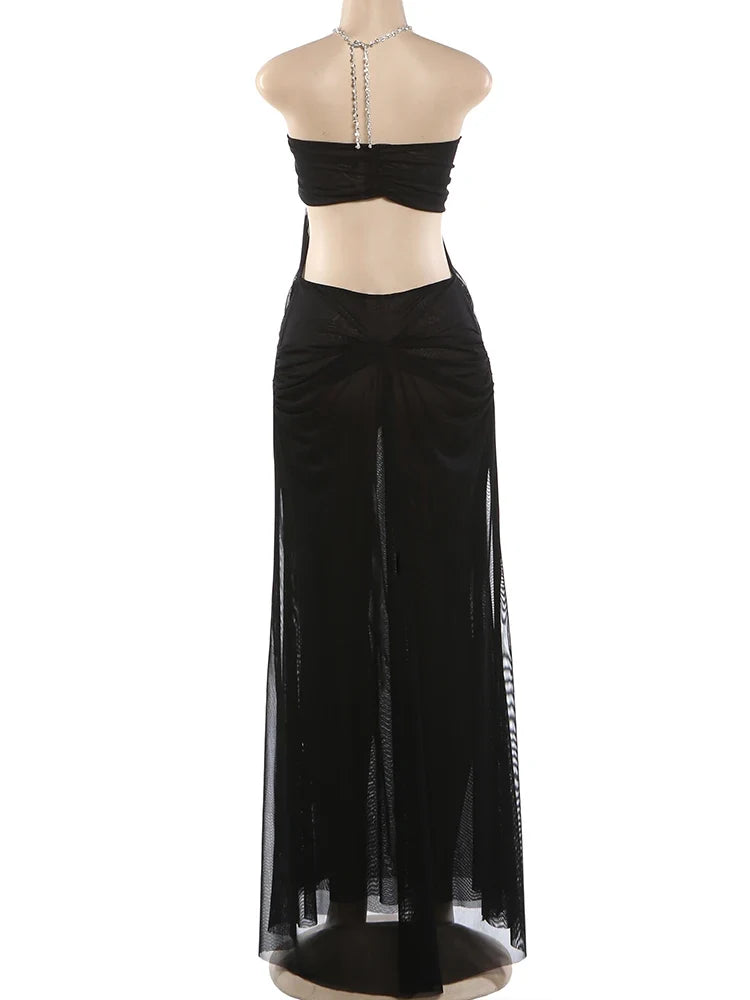 Prom Party Gown Dress Woman Sexy See Through Luxury Chain Halter Low-Neck Backless Sleeveless Midnight Elegant Vestidos