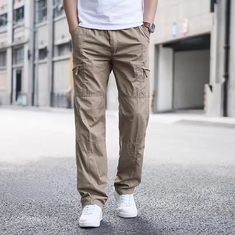Casual Pants Men's Cargo Trousers Straight Leg Work Pants Men Cotton Casual Loose Spring Summer Wide Overalls Male Multi Pockets