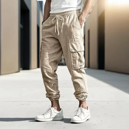 Men's Cotton Linen Blend Cargo Jogger Pants Elastic Waist Drawstring Multi Pockets Casual Breathable Streetwear Trousers for Men