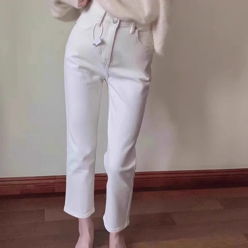 High Waist Slim Fit Straight Leg Denim Jeans Women's Small Stature Elastic White Nine-Tenths 45cm e Tube Summer Jeans
