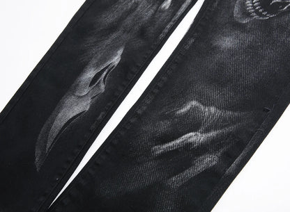 2026 Men's Blue 3D Printing Jeans, Black Wolf Pattern Printed Punk Straight Cotton Casual Print Denim Pants Asian Size 28-42