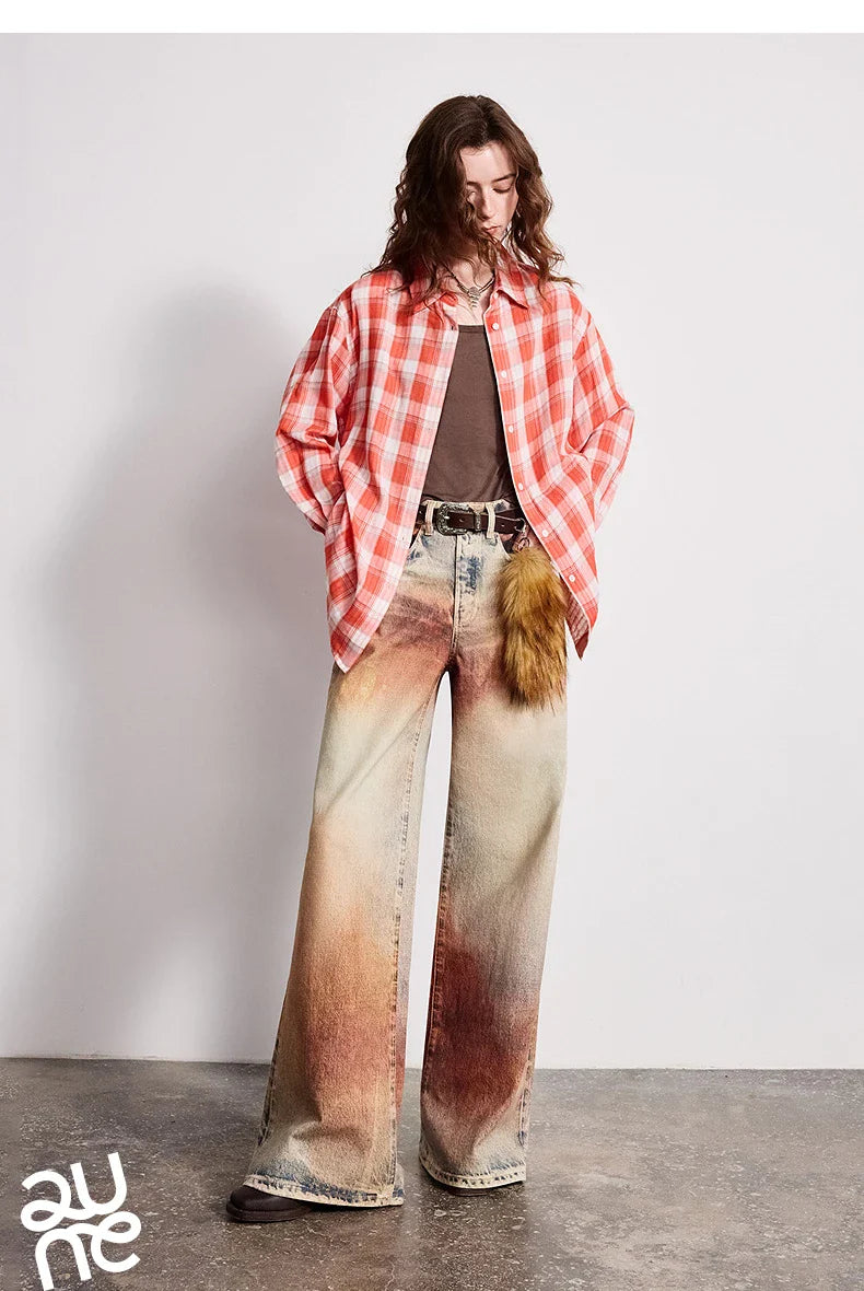 Women Jeans 2026 Spring New Wilderness Wasteland Style Mid Low Waist Loose Printed Wide Leg Pants