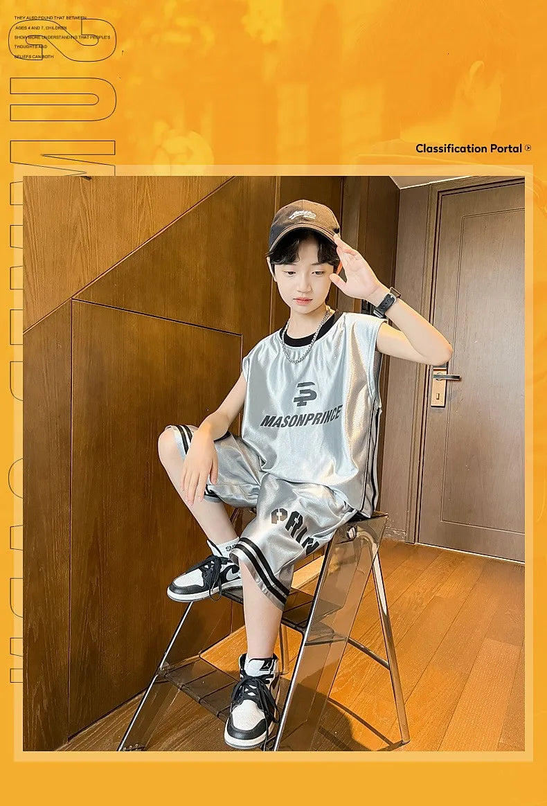 Summer Boys Quick-dry Glossy Alphabet T-Shirt Top+Shorts Sportswear Set School Kids 2PCS Tracksuit Children Jersey Outfit 5-16Yr