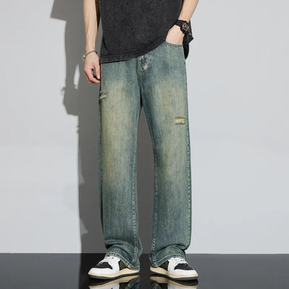 Korea Baggy Jeans Men's Vintage Straight Ripped Y2k Pants Fashion Frayed High Street Distressed Denim Trousers Male Clothes