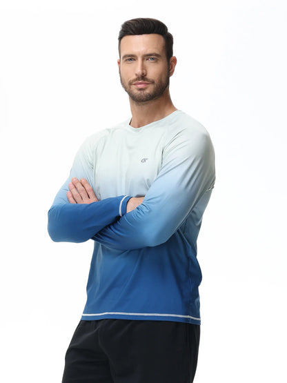 Summer Men's UPF 50+ Beach Swimming T-Shirt, Quick Dry Long Sleeve Fashion Gradient Rash Guard Tops for Sport Fishing Hiking