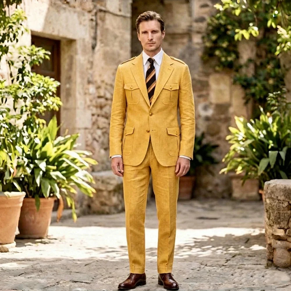 Linen Safari Suits Custom Tailored Separates 2 Pieces Blazer Pants for Men Summer Wedding Groom Tuxedo Trajes Para Hombre