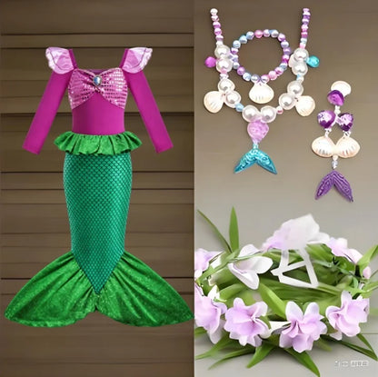 2025 Girls Mermaid Dress Princess Cosplay Party Costumes Summer Purple Elegant Flying Sleeve Fancy Dresses For 2-10Y Kids