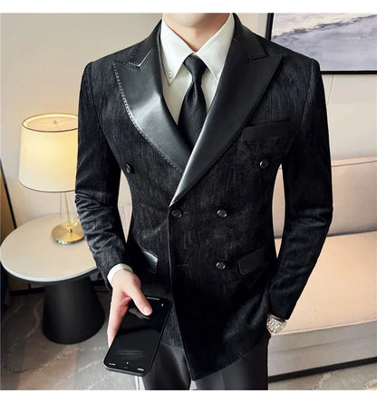 British Style Luxury Men Double Breasted Suit Jacket High Quality Fashion PU Leather Neck Spliced Coats Groom Social Party Dress