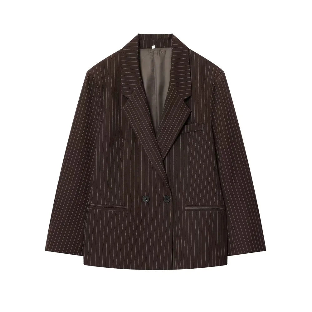 Women's Old Money Style Ovesized Striped Blazer Coat Long Sleeve Front Pockets Chic Oversize Top Female Outerwear