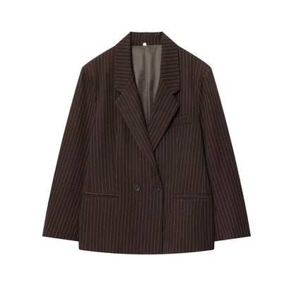 Women's Old Money Style Ovesized Striped Blazer Coat Long Sleeve Front Pockets Chic Oversize Top Female Outerwear