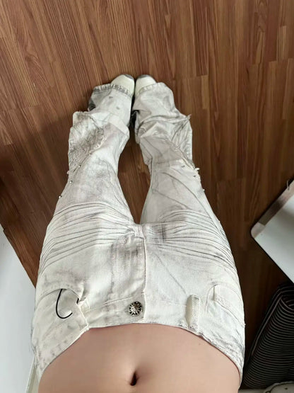 American Retro Hot Girl Tie-Dye Women's High-Waisted Bell-Bottom Pants Slim Ripped New Autumn And Winter Washed Casual Trousers