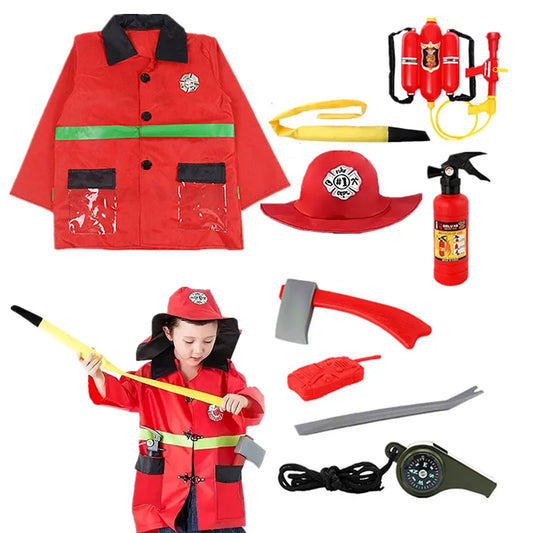 Toddler Firefighter Costume Halloween Role Play Set with Water Gun, Walkie Talkie, Compass Whistle, Party Birthday Gift
