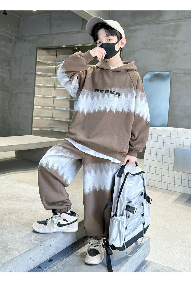 Spring Autumn Boys Contrast Tie Dye Workout Sweatshirt+Sweatpant Sets School Kids 2PCS Tracksuit Children Jogging Outfits 5-16Yr