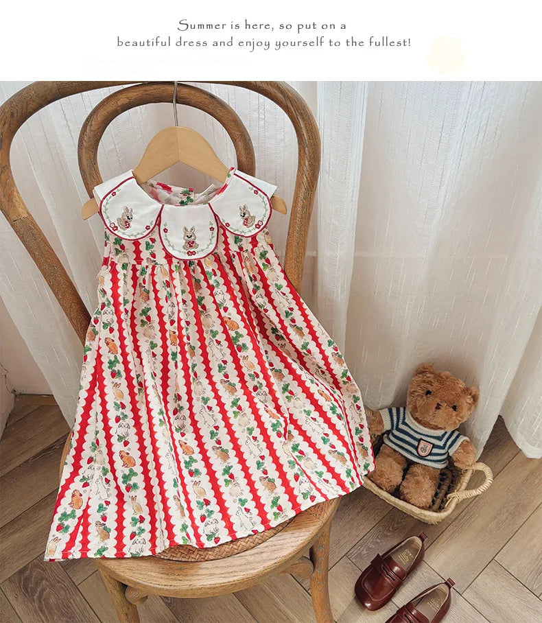 Flower Collar Rabbit Embroidered Girls' Dress 2025 Summer Style Cartoon Print Sweet and Cute Baby Sleeveless Dress