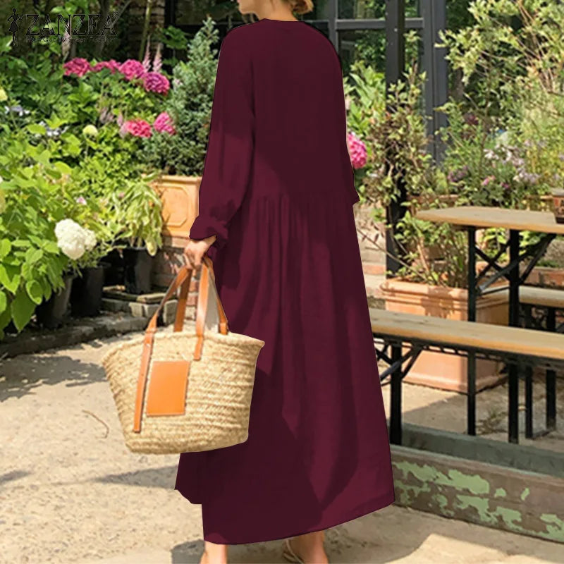 Women's Elegant Solid Cotton Robe Femme 2022 Spring Autumn Bohemian Maxi Dress ZANZEA Casual Long Sleeve Shirt Dresses Oversized