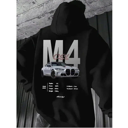 Popular digital pattern men's hooded sweatshirt with car-themed design, American-style casual sports long-sleeved shirt