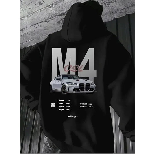 Popular digital pattern men's hooded sweatshirt with car-themed design, American-style casual sports long-sleeved shirt