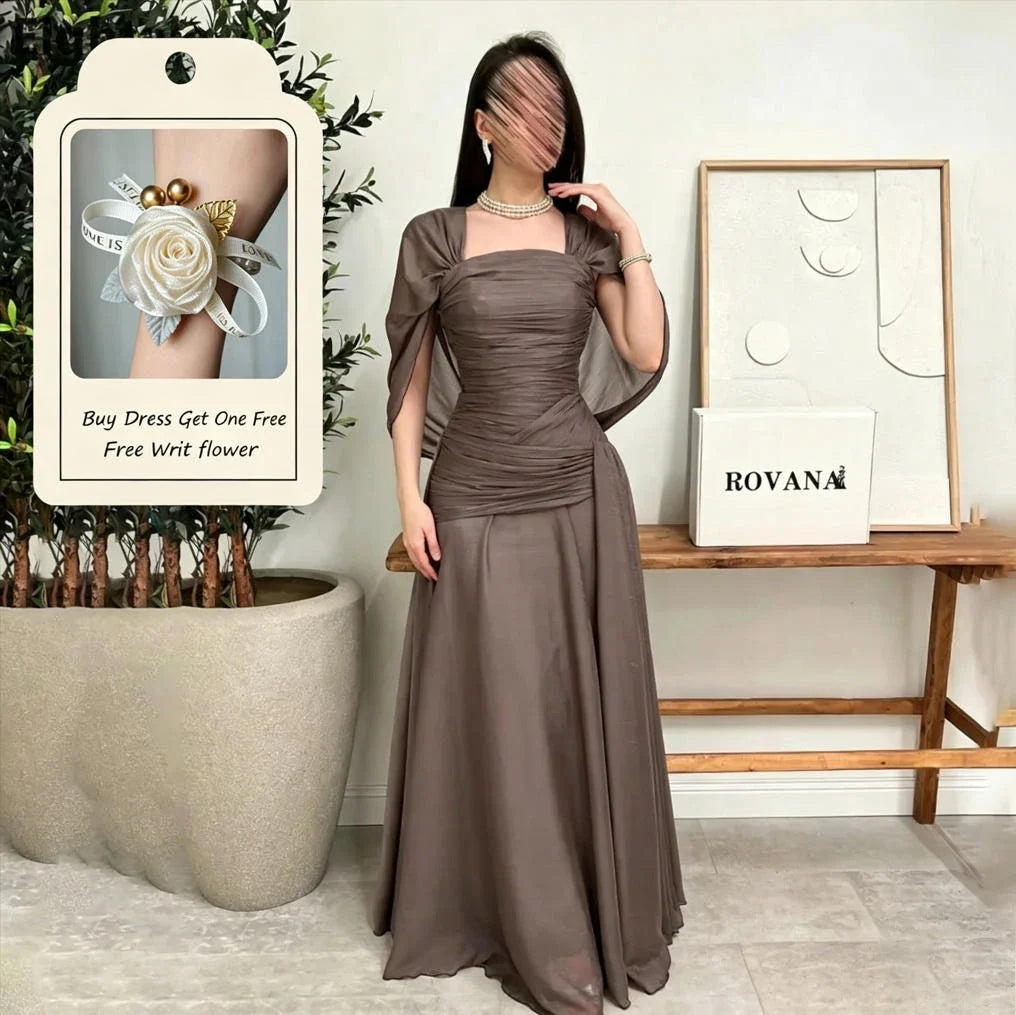 2025 Square Neck Silk Chiffon Maxi Evening Dress Cape Wedding Party Formal Prom Dress Dubai Party Gown Customized