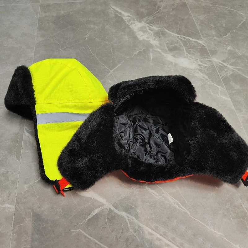 Men's Winter Trapper Aviator Earflap Warm Russian Waterproof Ski Hat Bomber Cap Safety Reflective Strip Protectors Hats