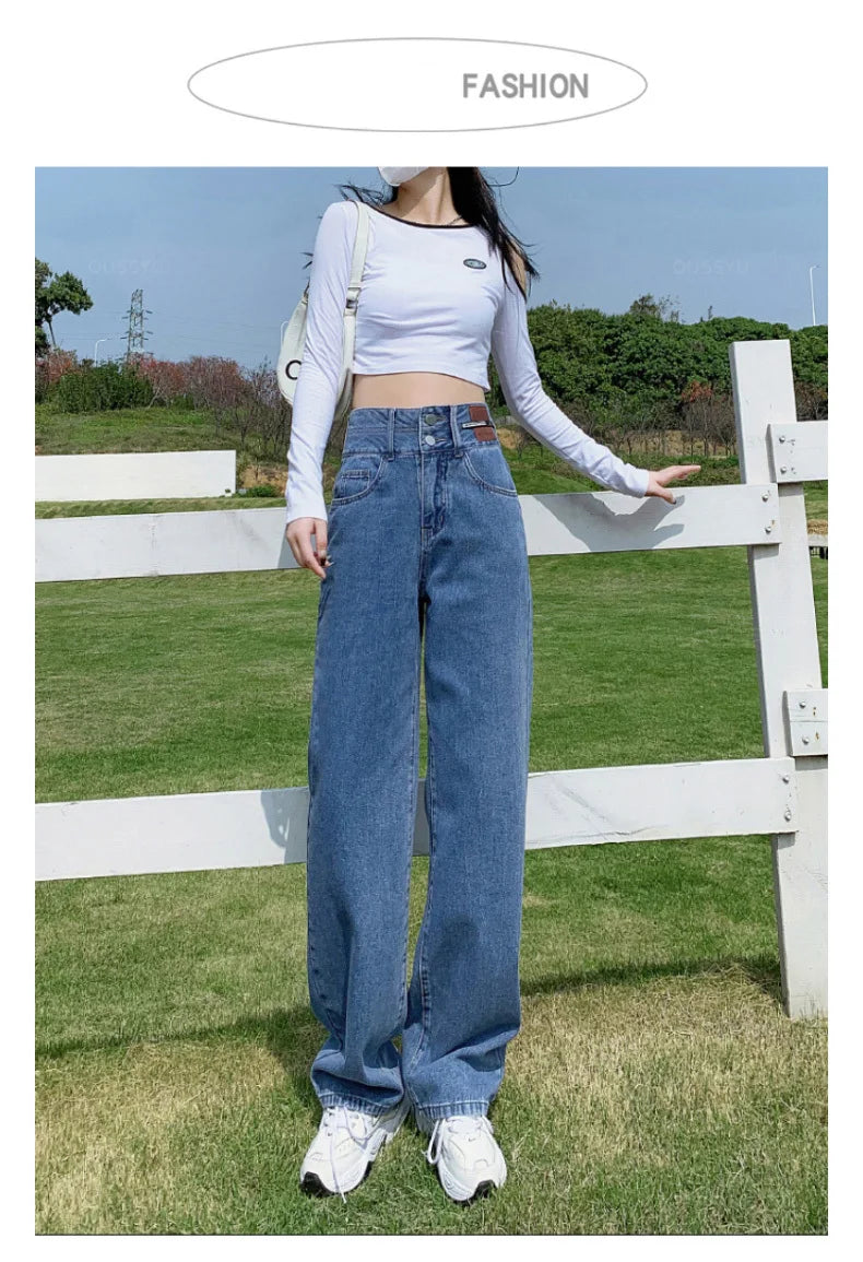 Y2K Woman Jeans High Waist Wide Leg Cotton Denim Clothing Blue White Streetwear Vintage Fashion Harajuku Straight Pants