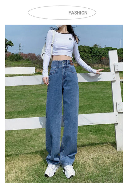 Y2K Woman Jeans High Waist Wide Leg Cotton Denim Clothing Blue White Streetwear Vintage Fashion Harajuku Straight Pants