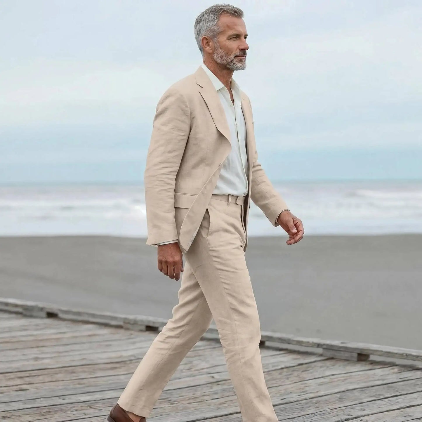 Men's linen casual men's beach party business suit two-piece wedding tailcoat set with split collar suit jacket and pants