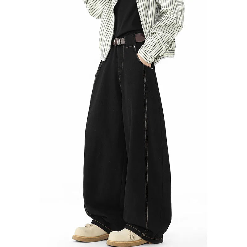 Japanese Korean Casual Black Straight Leg Jeans Men'S Spring Autumn Jeans High Street Loose Pants Wide Leg Pants