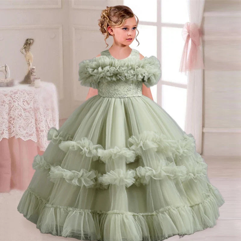New Elegant Dress for Girls Flower Wedding Long Embroidered Panto Skirt 4-12 Years Old Piano Performance Girl Dress
