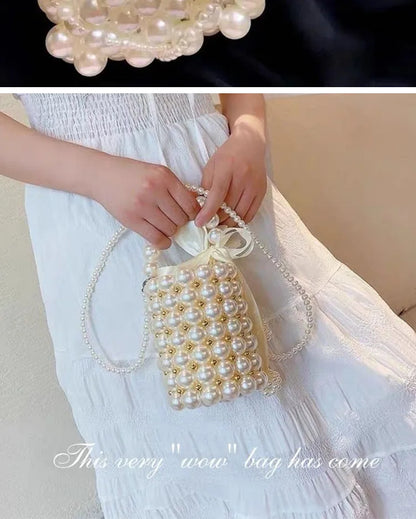 Women's Luxury Pearl Handbag Elegant Handmade Pearl Bucket Bag Detachable pearl chain shoulder Bag Dinner Party Evening Gown Bag