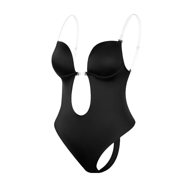 One-Piece Deep V-Neck Push Up Body Shapewear Bodysuit Women's Thong Bottom Underwear Slimming U-Shaped Low Back Backless Corset