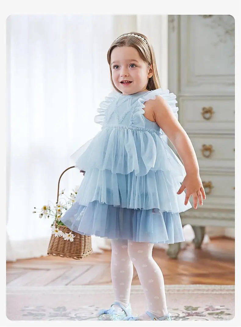 Girl's Princess Dress 2025 New Summer Children's Baby Sleeveless Blue Mesh Layered Dress Cute Sweet Party DB2240502