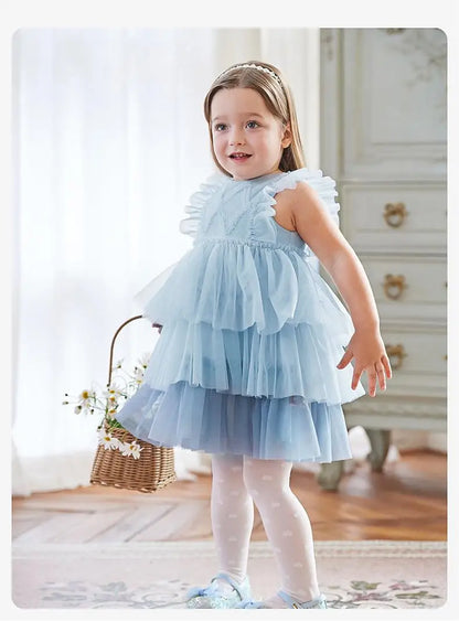 Girl's Princess Dress 2025 New Summer Children's Baby Sleeveless Blue Mesh Layered Dress Cute Sweet Party DB2240502