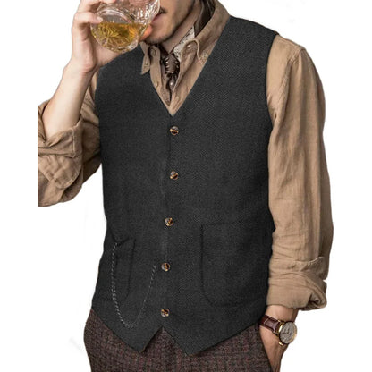 Men Vest Coffee Herringbone Solid Single Breasted Waistcoat For Wedding Business Banquet Party Work Daily Casual Men Suit Vest