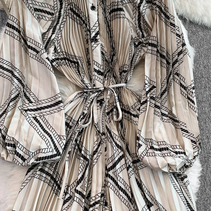 Ele Printed round Ne Lantern Sve Dr Women's Single Button Waist Cinch Maxi Skirt Long Dr Commute Sle Autumn