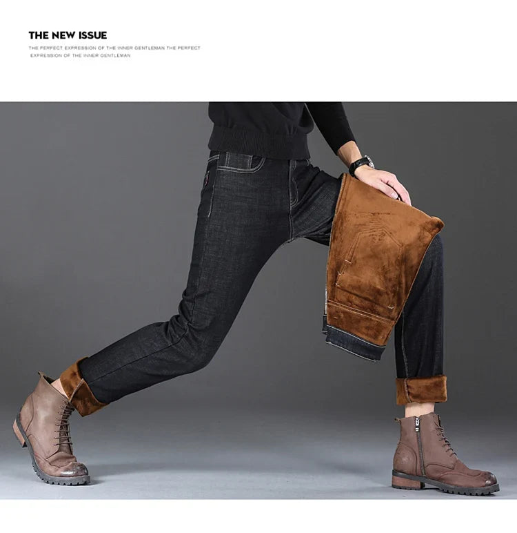 Men New Winter Classics Fleece Thick Warm Jeans Men's Loose Straight Elastic Denim Pants Casual Plush Trousers Large Size 28-40