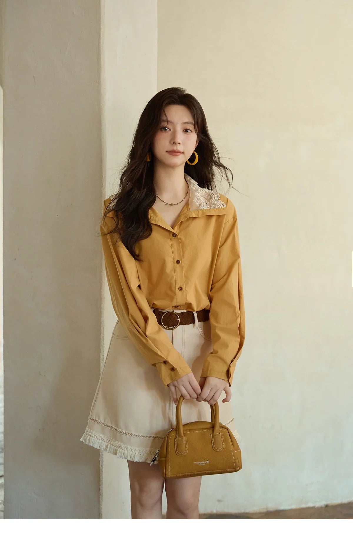 Autumn Solid Cotton Shirt Autumn V-neck Double-layer Lace Retro Design Shirts Single Breasted Tops Office Lady MXE41C2366