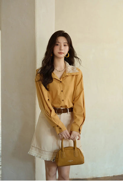 Autumn Solid Cotton Shirt Autumn V-neck Double-layer Lace Retro Design Shirts Single Breasted Tops Office Lady MXE41C2366