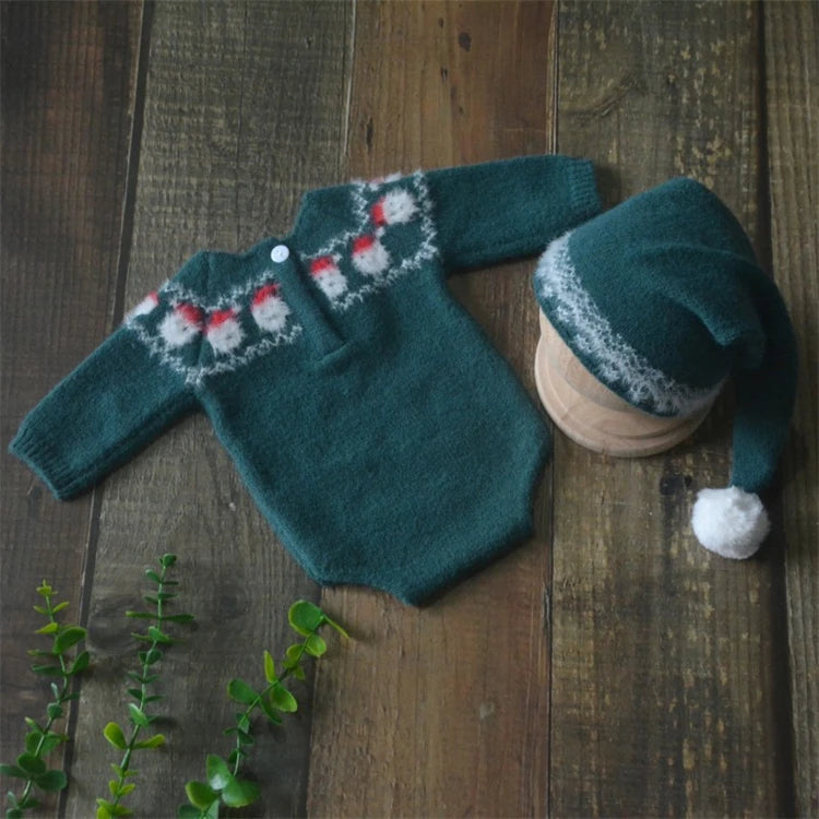Christmas Baby Clothing Newborn Boy Girl Photography Santa Claus Costumes Sets Green Knitted Romper Stockings Hat 3pcs for Xmas
