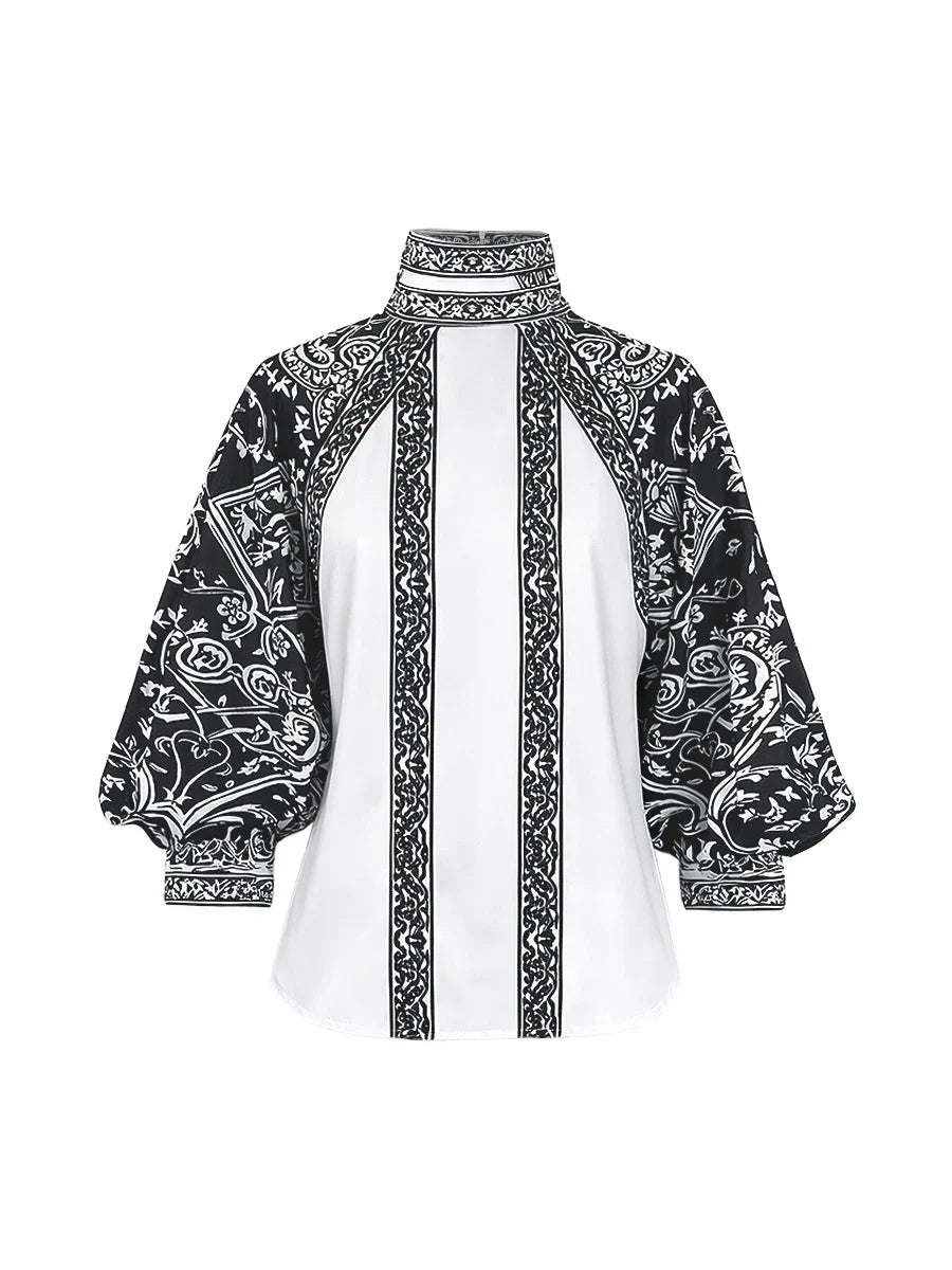 Modigirl Vintage Court Style Black and White Floral Print Blouse Women 2026 Spring Summer High Neck Puff Sleeve Elegant Shirt