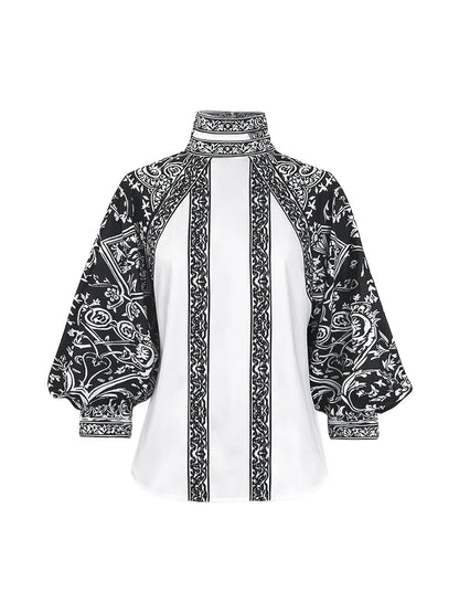 Modigirl Vintage Court Style Black and White Floral Print Blouse Women 2026 Spring Summer High Neck Puff Sleeve Elegant Shirt