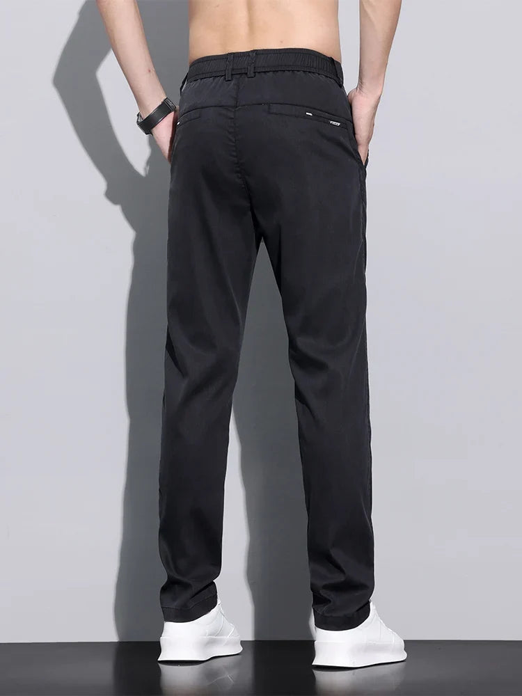 Fiber Fabric Summer Men's Casual Pants Fashion Thin Soft Breathable Elastic Business Slim Straight Trousers Black Gray