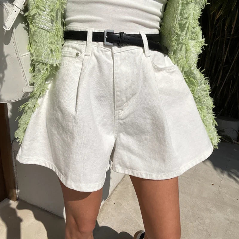 Summer Washed High Waist Women's A-line Denim Shorts Pocket White 2025 New Casual Loose Wide Leg Jeans Shorts Female