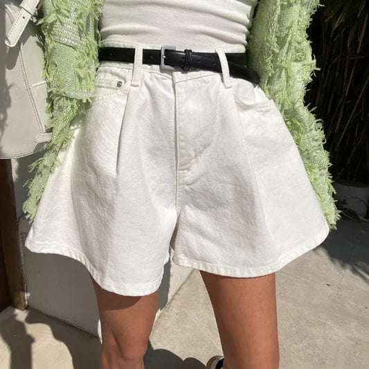 Summer Washed High Waist Women's A-line Denim Shorts Pocket White 2025 New Casual Loose Wide Leg Jeans Shorts Female