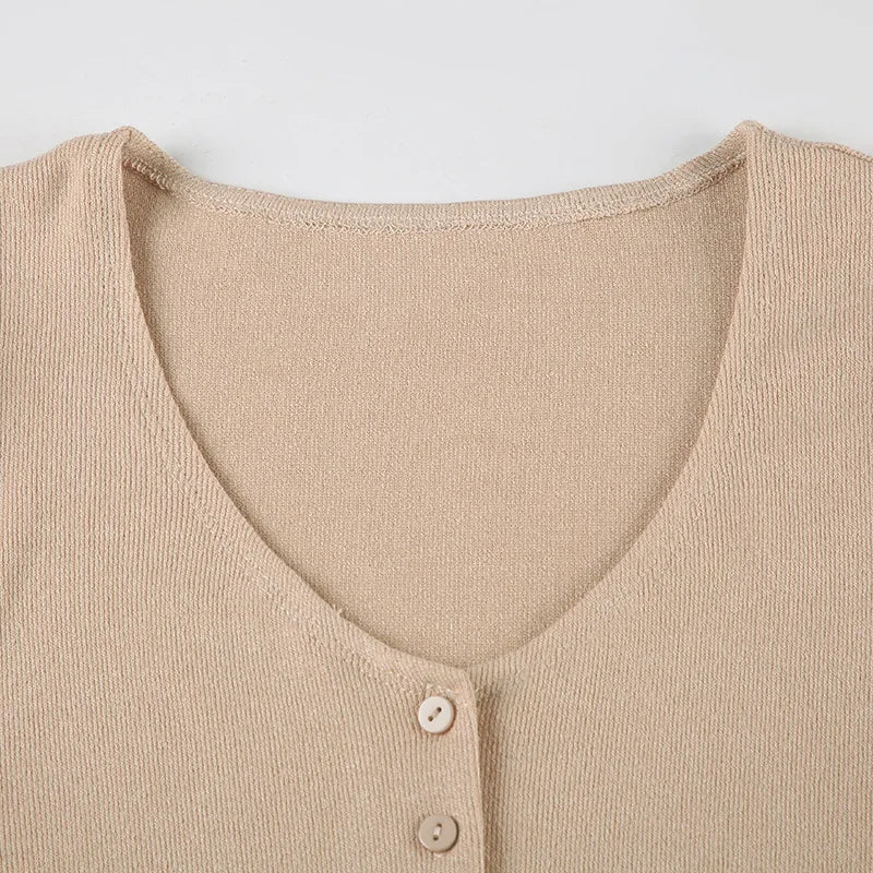 Summer Novelty Elegant Knitted Strapless Mini Dress For Women Short Sleeve V-Neck And Buttons Dresses Women's Street Clothing Ne